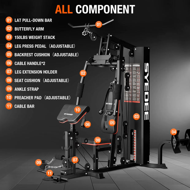 Home Gym Station, Workout Station with 150LBS Weight Stack, Home Gym Equipment for All Body Training.