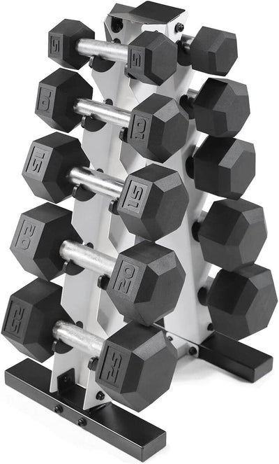 5-25Lb Rubber Coated Hex Dumbbell Set with a Frame Storage Rack Non-Slip Hex Shape for Muscle Toning, Strength Building & Weight Loss - Multiple Choices Available