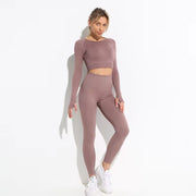 2Pcs Seamless Hyperflex Workout Sport Outfits for Women Sportswear Athletic Clothes Gym Long Sleeve Crop Top High Waist Leggings